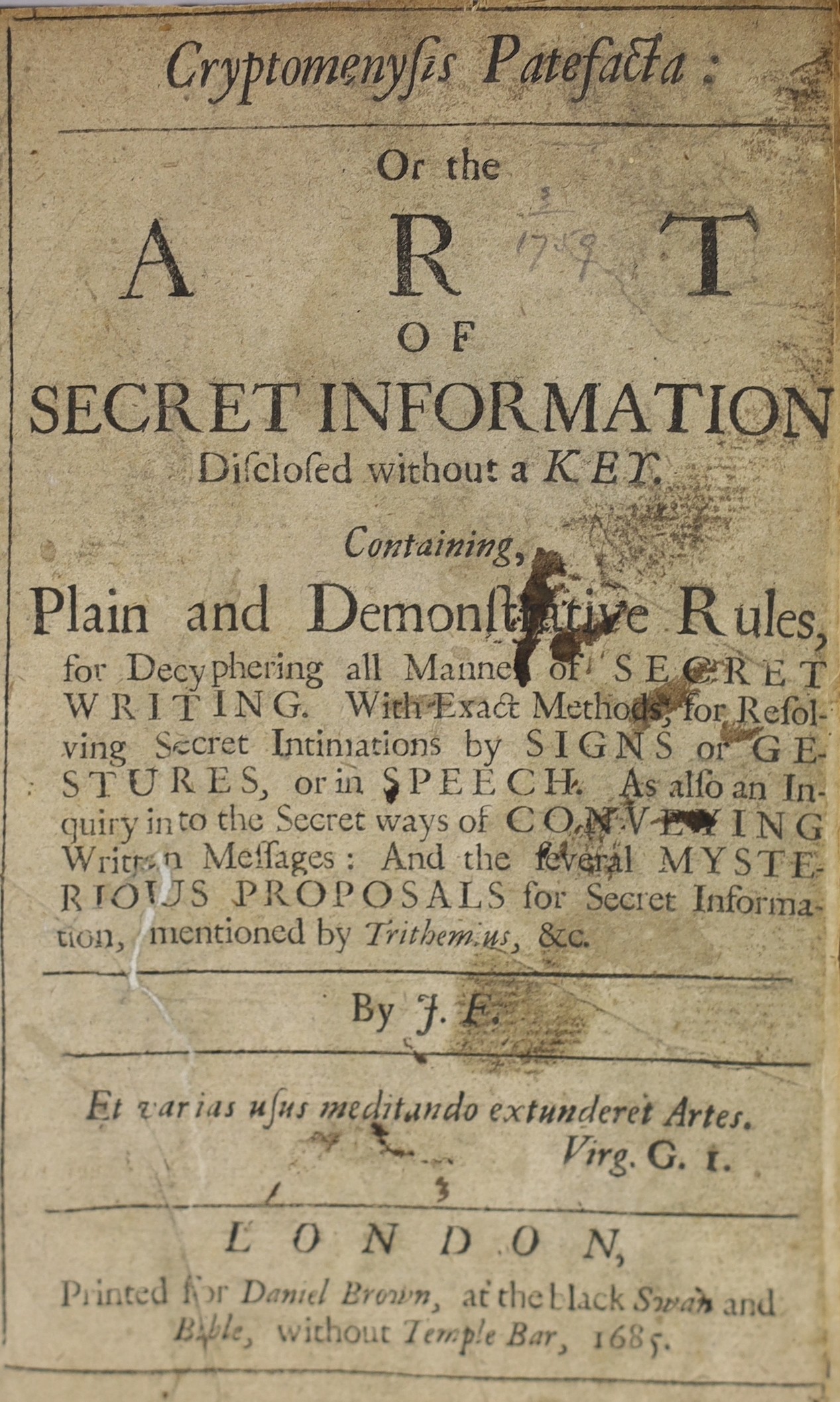 Falconer, John - Cryptomenysis Patefacta: or, the Art of Secret Information Disclosed without a Key. Containing plain and demonstrative rules for deciphering all manner of secret writing…, 1st edition, 8vo, 19th century